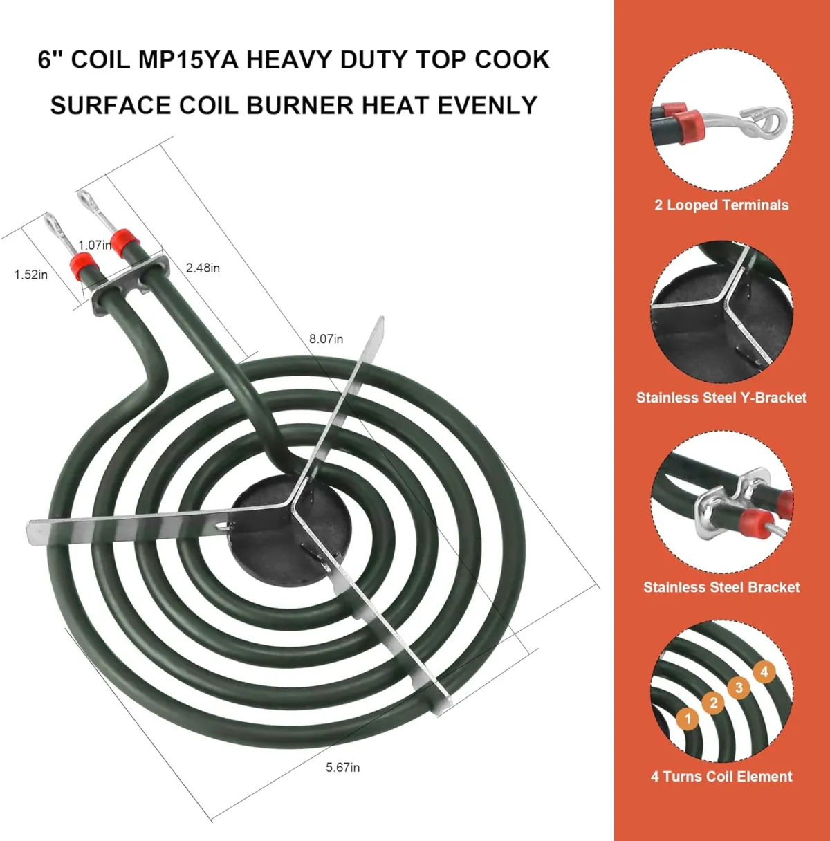 TOP-HEATER MP15YA Stainless Steel Electric Range Burner Element Unit 6 Inch 230V Replacement for MP22YA Electric Stove 1 Pack - Pilt 6