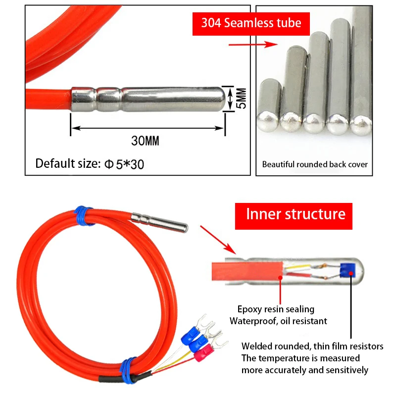 5mm*30mm Probe Silicone PT100 RTD Sensor PT1000 Temperature Sensor 3wire PT Resistance Detector Thermometer - Image 2