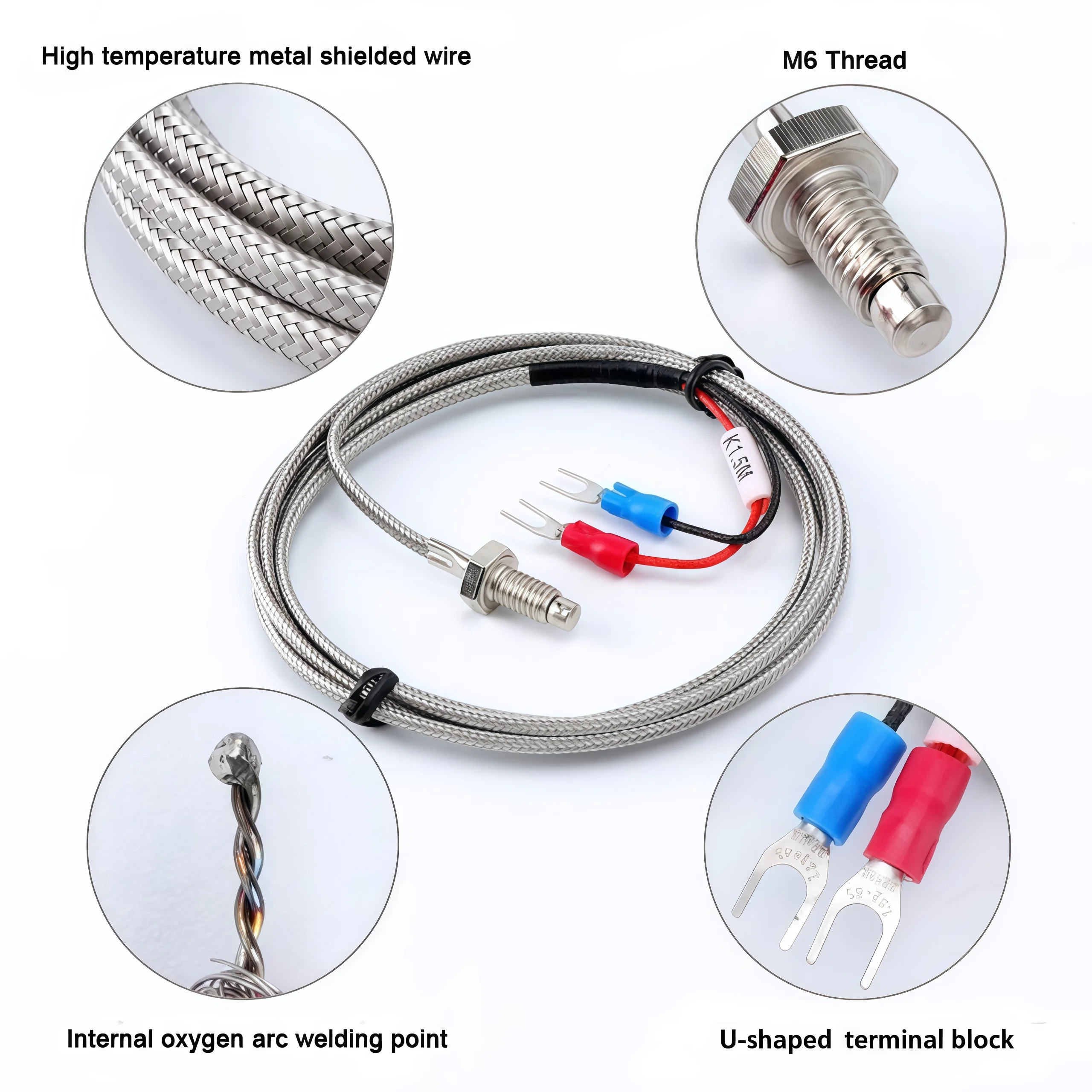 M6 Threaded Bolt K Type Screw Thermocouple 1200c Temperature Sensor With Stainless Steel Shielding Thread Thermocouple 0.5m 1m - Pilt 4