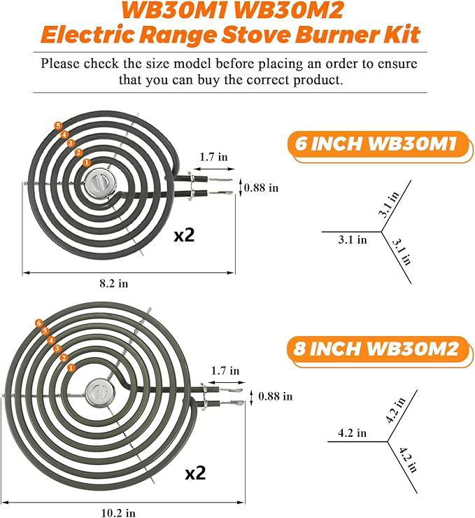 WB30M1 and WB30M2 GE Hotpoint Electric Stove Burner Replacement Element, Stove Top-Includes 2 * 8'' és 2 * 6'' - Image 2