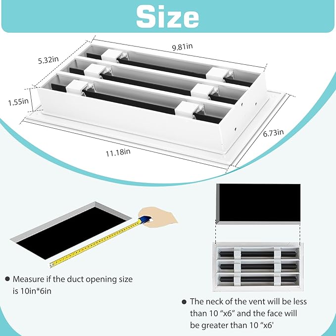 WANROM Modern AC Vent Cover 10*6 White Aluminum Alloy Air Register Grille Easy Installation 45 Blade Angle 1-Year Warranty for - Bild 5