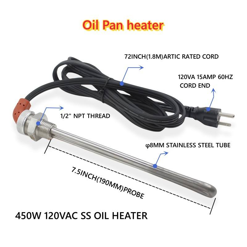 1/2" Élément chauffant à Immersion tubulaire en acier inoxydable, filetage NPT, bloc moteur, chauffage de carter d'huile, 120V, 450W - Image 3