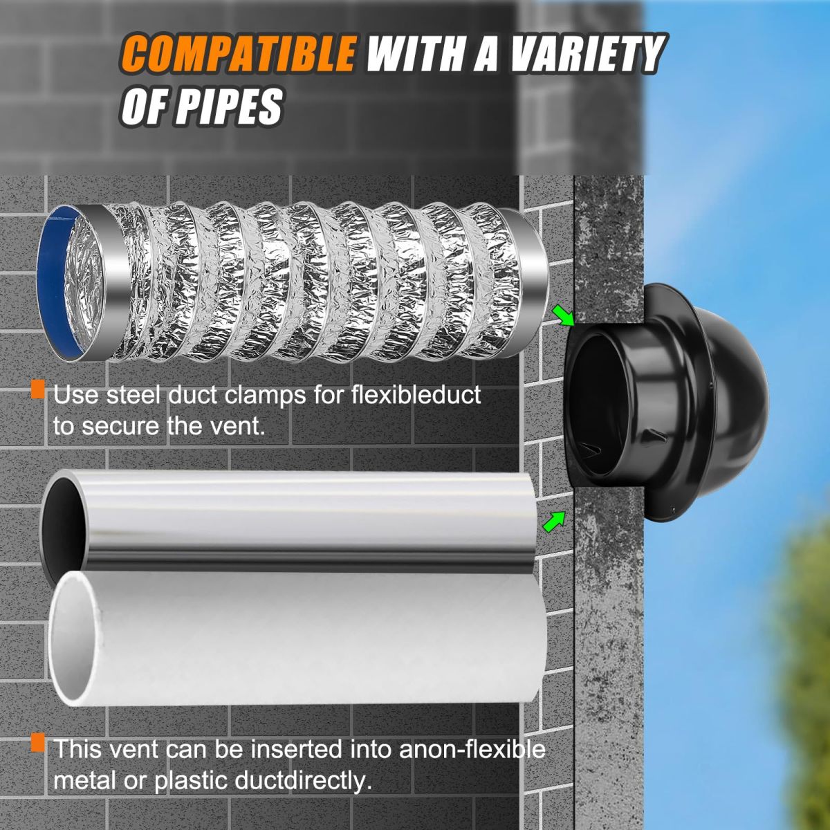 Modern Design Black Dryer Vent Cover Outside 4 Inch Stainless Steel Round Dryer Vent Auto-Open Wall Vent for BathRoom Office - Kép 4