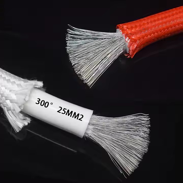 25Câble tressé en fibre de verre mm2, résistant à la chaleur, 4awg, câble en Silicone isolé en Silicone, fil en fibre de verre pour four, 300 degrés